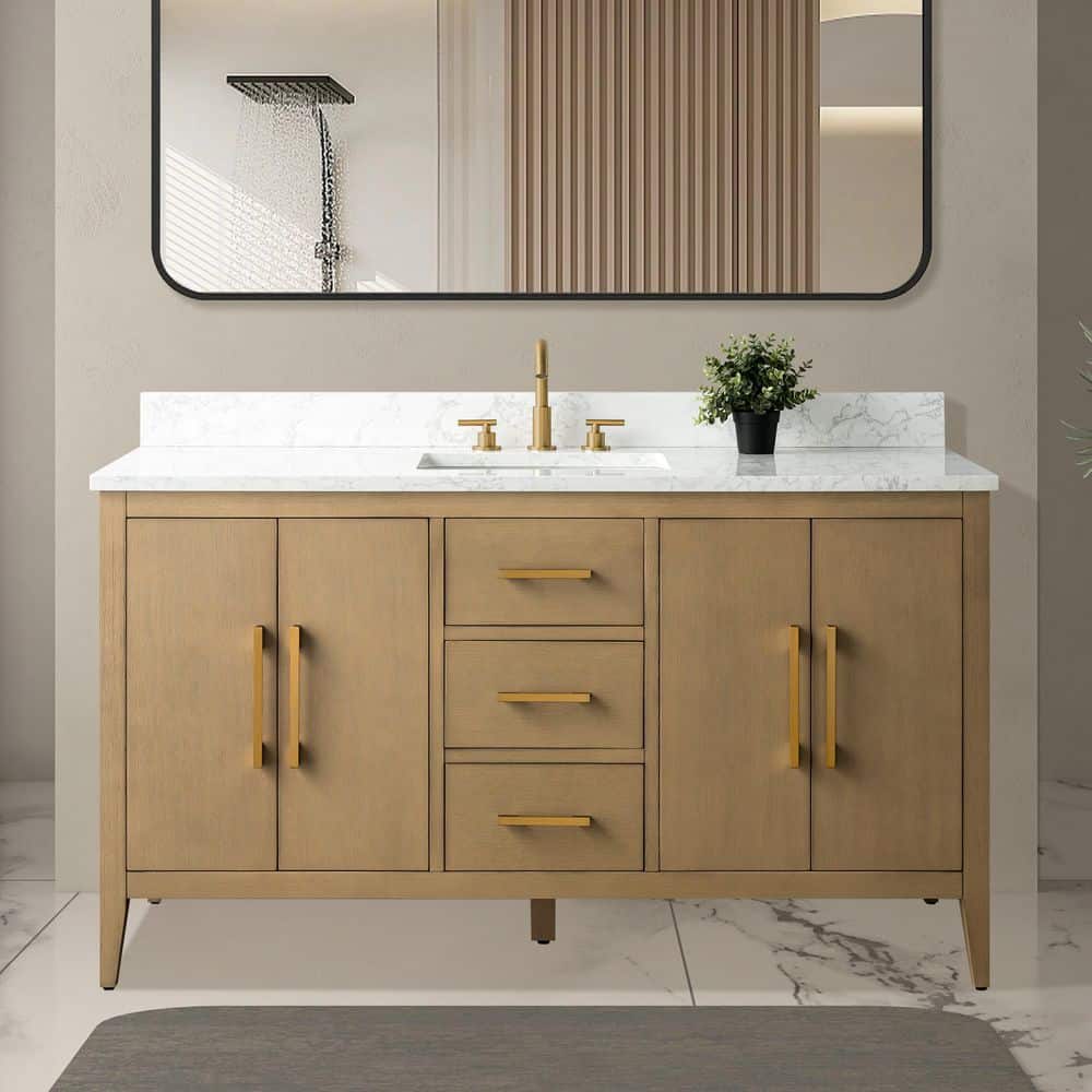 Vanity Art 60 in. W x 22 in. D x 34 in. H Single-Sink Bathroom Vanity in Natural Oak with Engineered Marble Top in Arabescato White