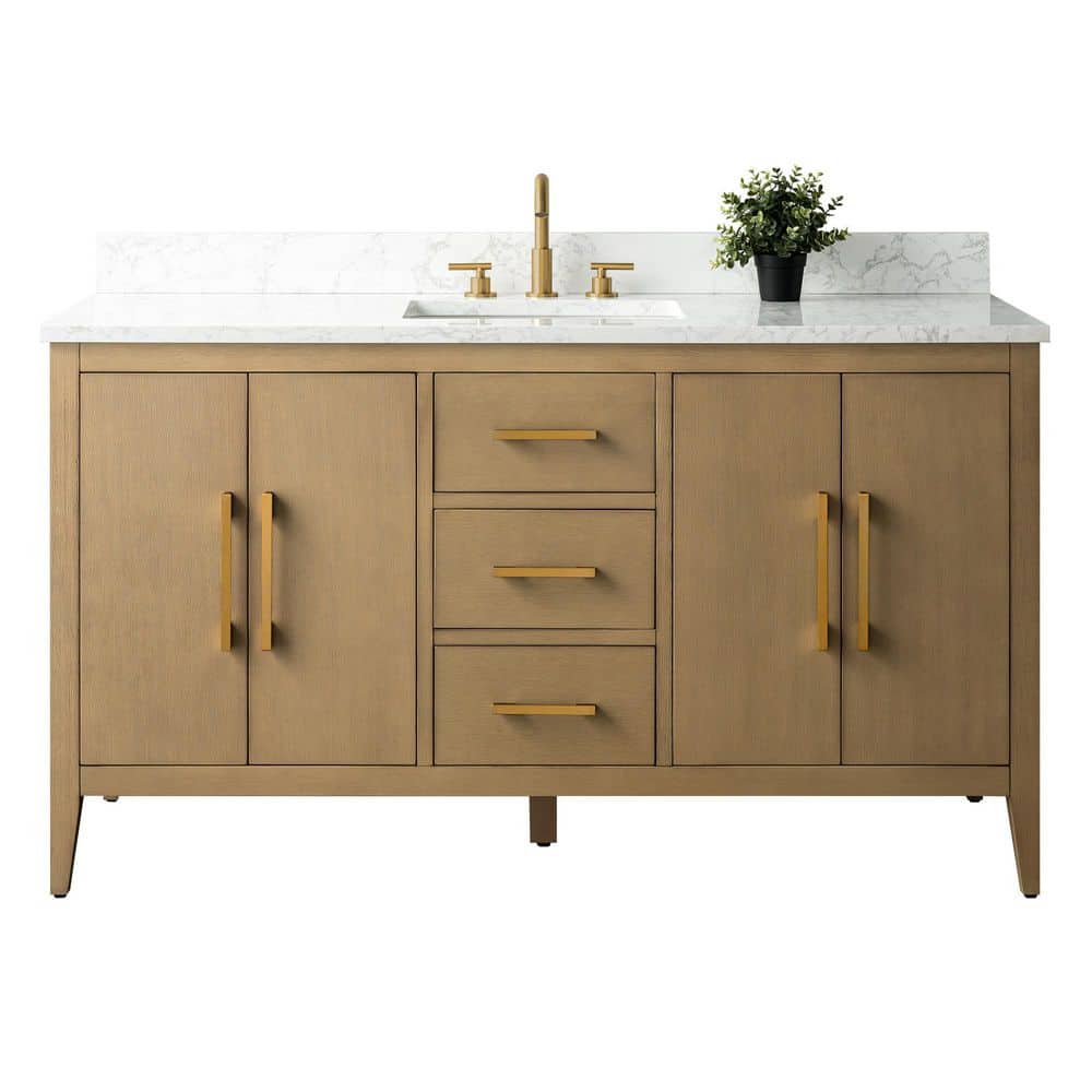 Vanity Art 60 in. W x 22 in. D x 34 in. H Single-Sink Bathroom Vanity in Natural Oak with Engineered Marble Top in Arabescato White