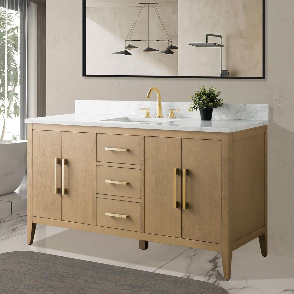 Vanity Art 60 in. W x 22 in. D x 34 in. H Single-Sink Bathroom Vanity in Natural Oak with Engineered Marble Top in Arabescato White