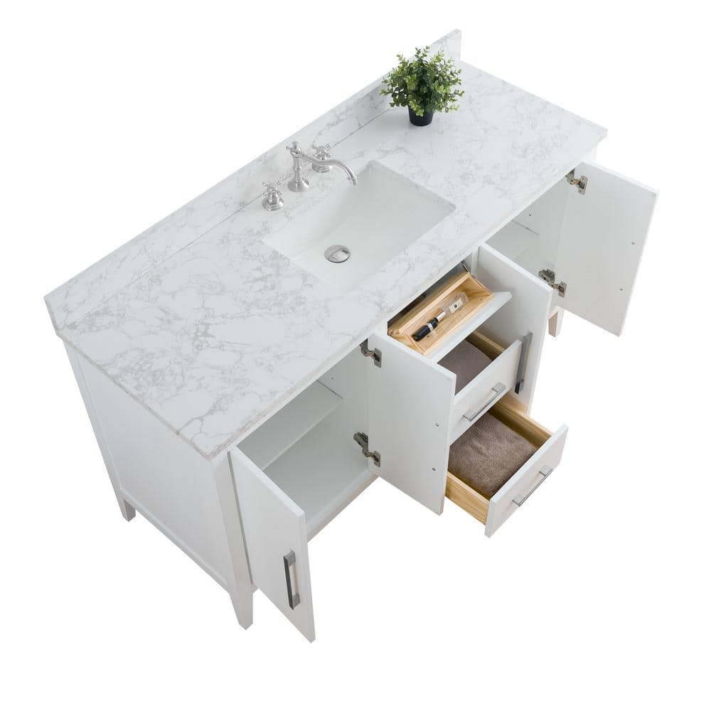 Vanity Art 60 in. W x 22 in. D x 34 in. H Single Sink Bathroom Vanity Cabinet in White with Engineered Marble Top in White