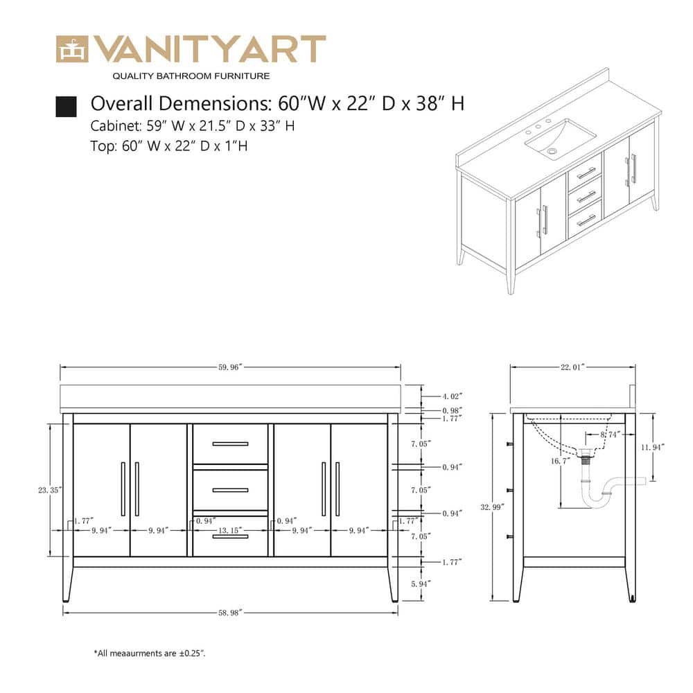Vanity Art 60 in. W x 22 in. D x 34 in. H Single Sink Bathroom Vanity Cabinet in White with Engineered Marble Top in White