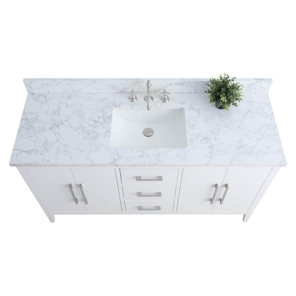 Vanity Art 60 in. W x 22 in. D x 34 in. H Single Sink Bathroom Vanity Cabinet in White with Engineered Marble Top in White