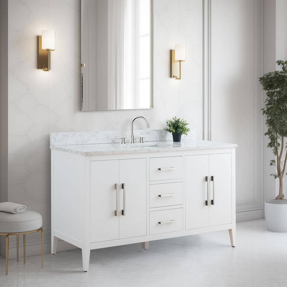 Vanity Art 60 in. W x 22 in. D x 34 in. H Single Sink Bathroom Vanity Cabinet in White with Engineered Marble Top in White