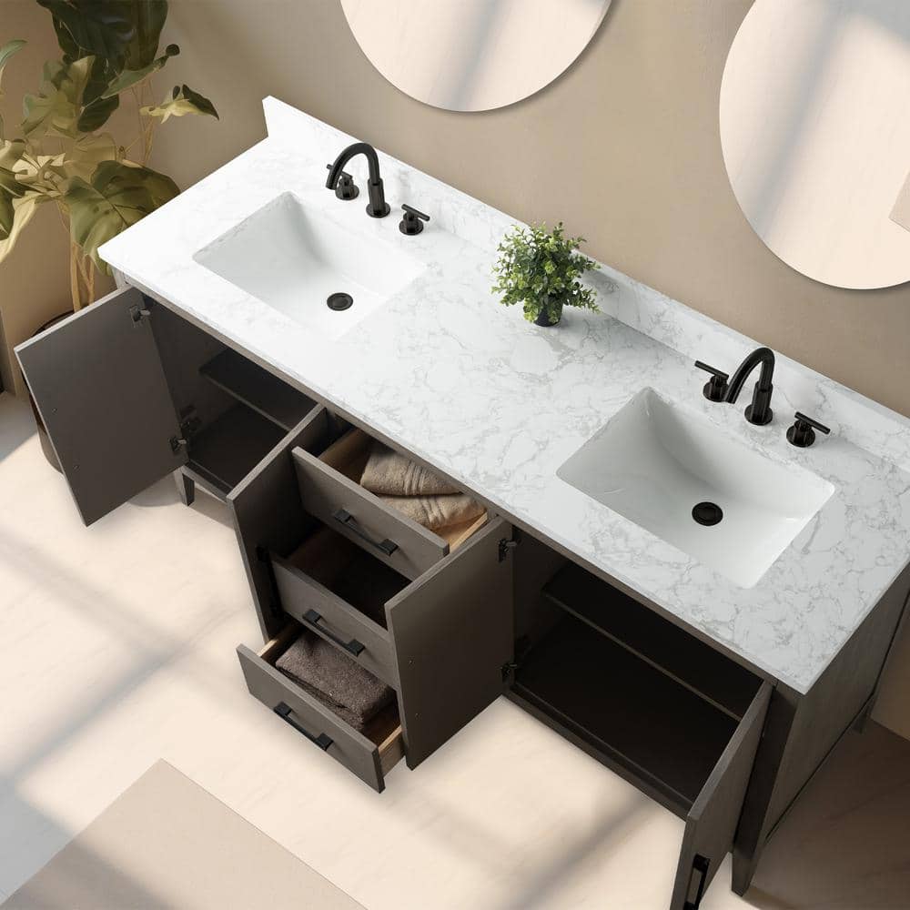 Vanity Art 72 in. W. x 22 in. D x 34 in. H Double Sink Bathroom Vanity Cabinet Driftwood Gray with Engineered Marble Top in White