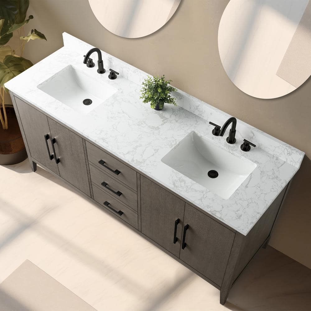 Vanity Art 72 in. W. x 22 in. D x 34 in. H Double Sink Bathroom Vanity Cabinet Driftwood Gray with Engineered Marble Top in White