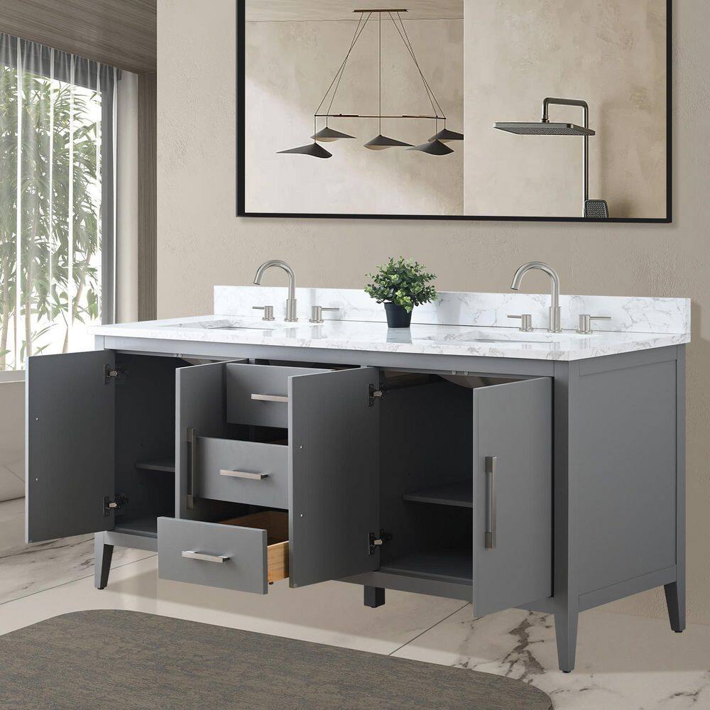 Vanity Art 72 in. W x 22 in. D x 34 in. H Double Sink Bathroom Vanity Cabinet in Cashmere Gray with Engineered Marble Top