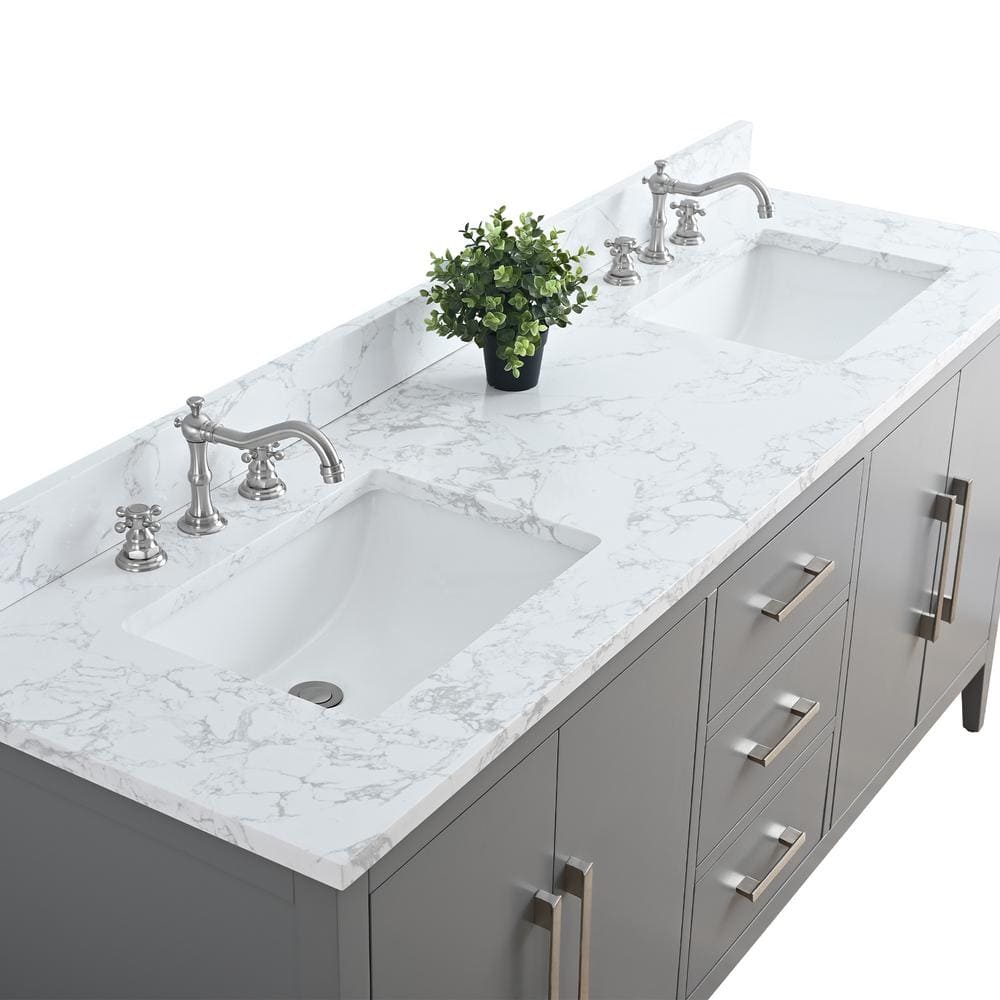 Vanity Art 72 in. W x 22 in. D x 34 in. H Double Sink Bathroom Vanity Cabinet in Cashmere Gray with Engineered Marble Top