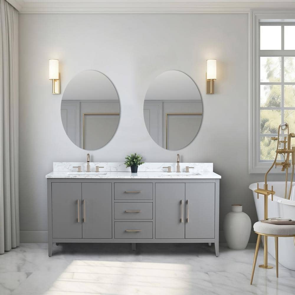 Vanity Art 72 in. W x 22 in. D x 34 in. H Double Sink Bathroom Vanity Cabinet in Cashmere Gray with Engineered Marble Top