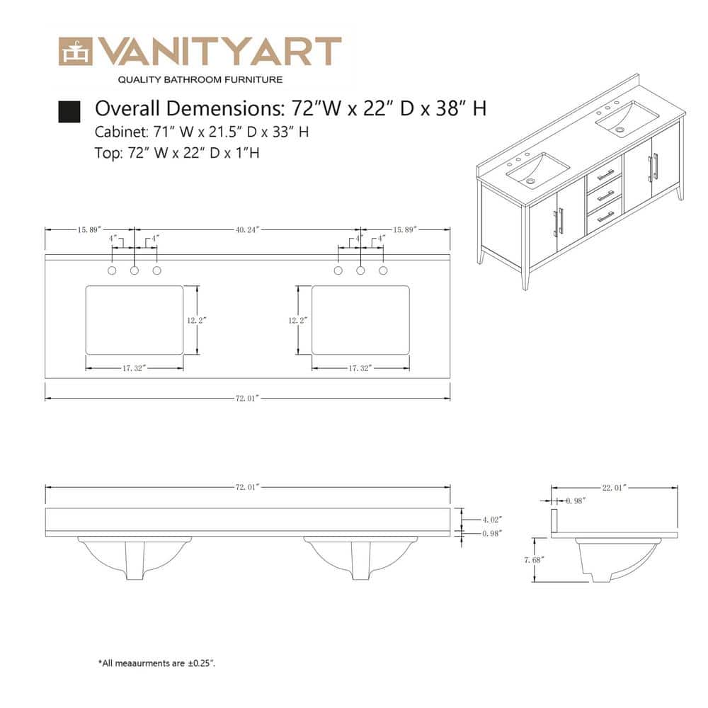Vanity Art 72 in. W x 22 in. D x 34 in. H Double Sink Bathroom Vanity Cabinet in Cashmere Gray with Engineered Marble Top