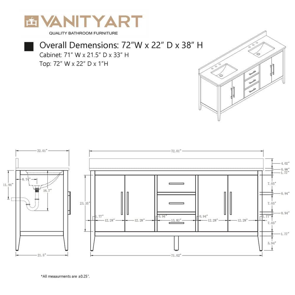 Vanity Art 72 in. W x 22 in. D x 34 in. H Double Sink Bathroom Vanity Cabinet in Cashmere Gray with Engineered Marble Top