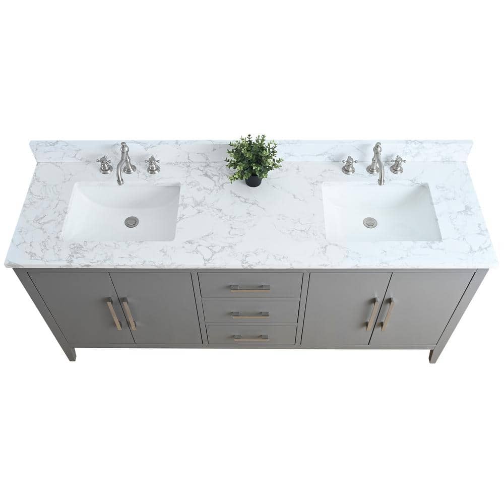 Vanity Art 72 in. W x 22 in. D x 34 in. H Double Sink Bathroom Vanity Cabinet in Cashmere Gray with Engineered Marble Top
