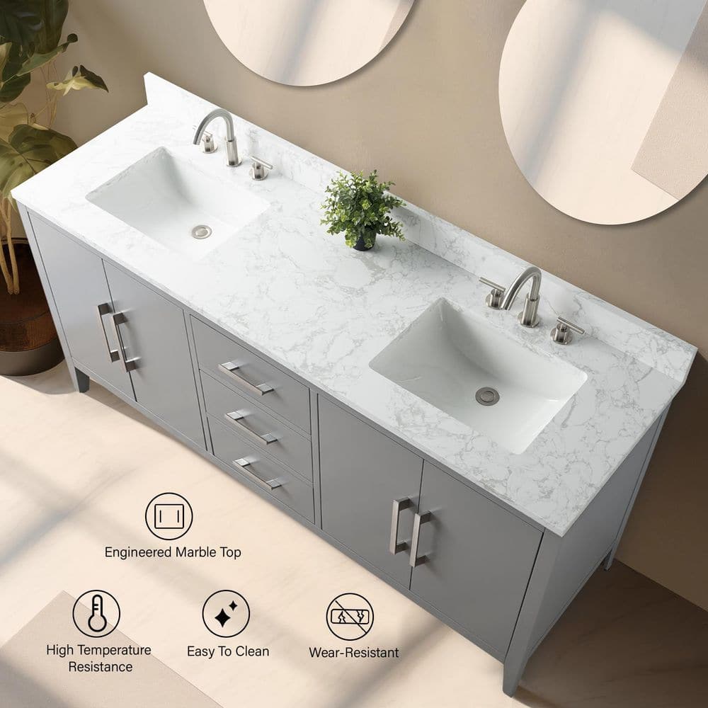 Vanity Art 72 in. W x 22 in. D x 34 in. H Double Sink Bathroom Vanity Cabinet in Cashmere Gray with Engineered Marble Top