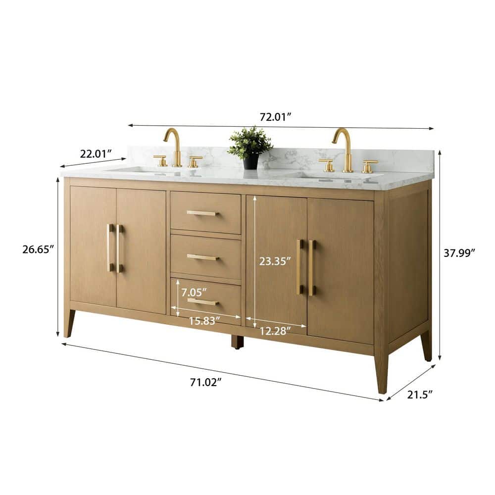 Vanity Art 72 in. W x 22 in. D x 34 in. H Double-Sink Bathroom Vanity in Natural Oak with Engineered Marble Top in Arabescato White