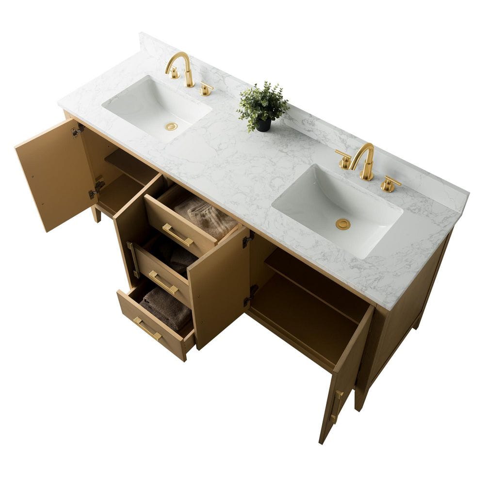 Vanity Art 72 in. W x 22 in. D x 34 in. H Double-Sink Bathroom Vanity in Natural Oak with Engineered Marble Top in Arabescato White