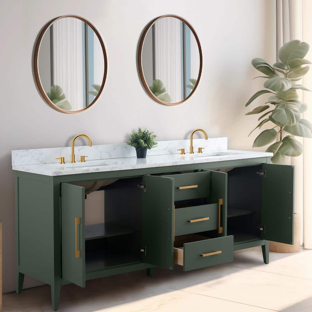 Vanity Art 72 in. W x 22 in. D x 34 in. H Double Sink Bathroom Vanity Cabinet in Vintage Green with Engineered Marble Top