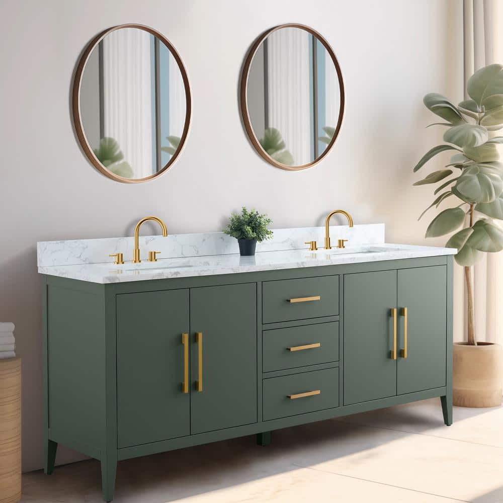 Vanity Art 72 in. W x 22 in. D x 34 in. H Double Sink Bathroom Vanity Cabinet in Vintage Green with Engineered Marble Top