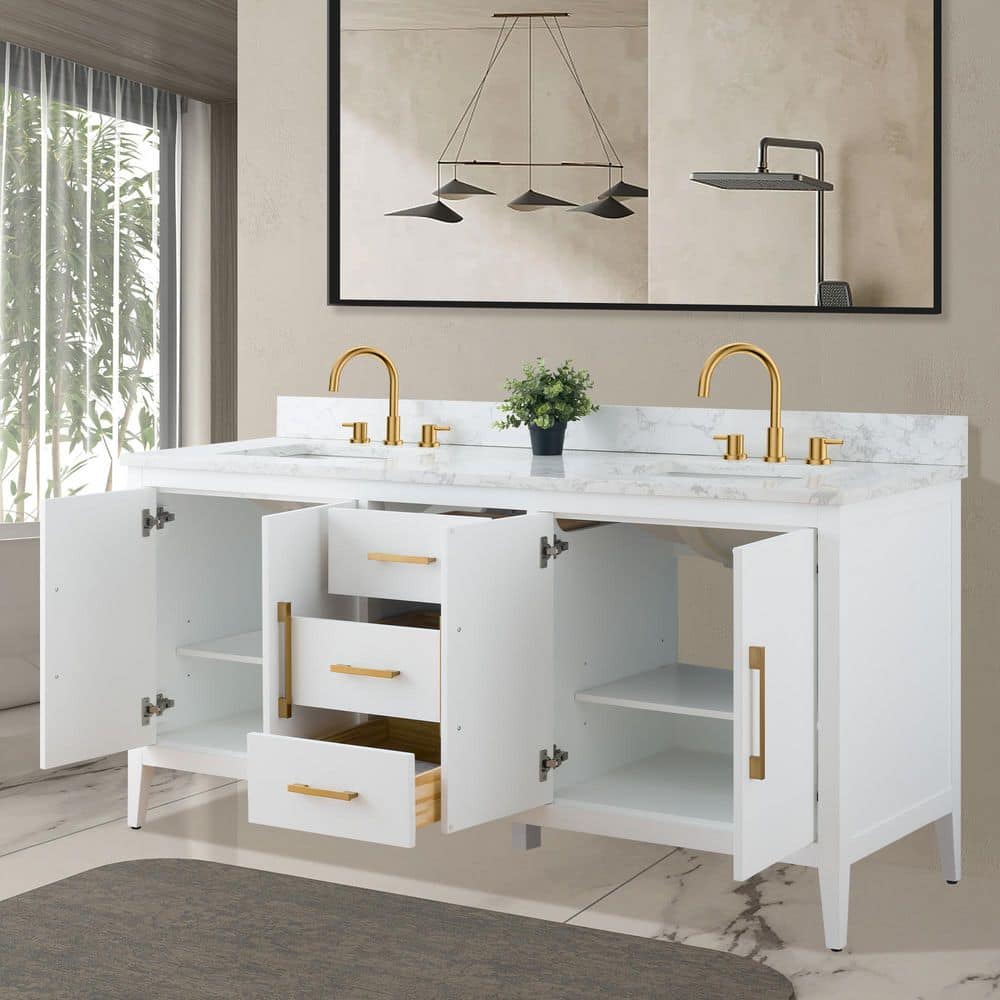 Vanity Art 72 in. W x 22 in. D x 34 in. H Double Sink Bathroom Vanity Cabinet in White with Engineered Marble Top