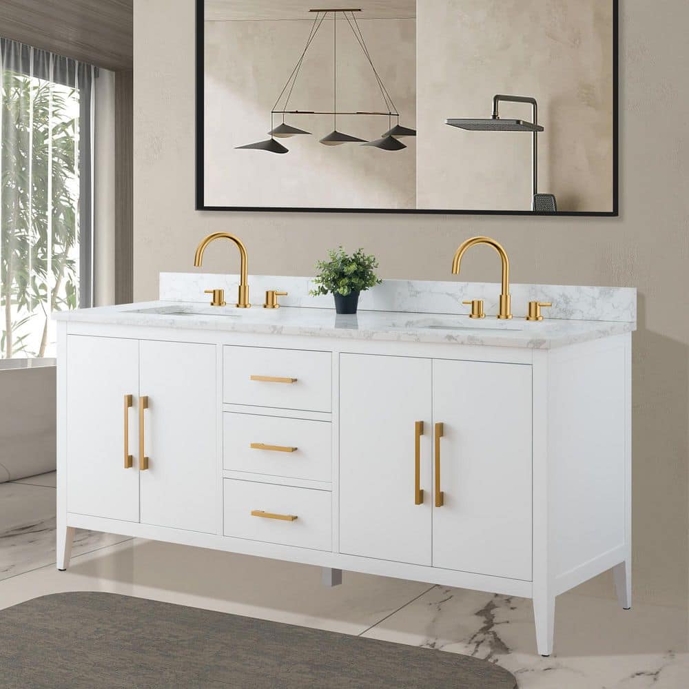 Vanity Art 72 in. W x 22 in. D x 34 in. H Double Sink Bathroom Vanity Cabinet in White with Engineered Marble Top