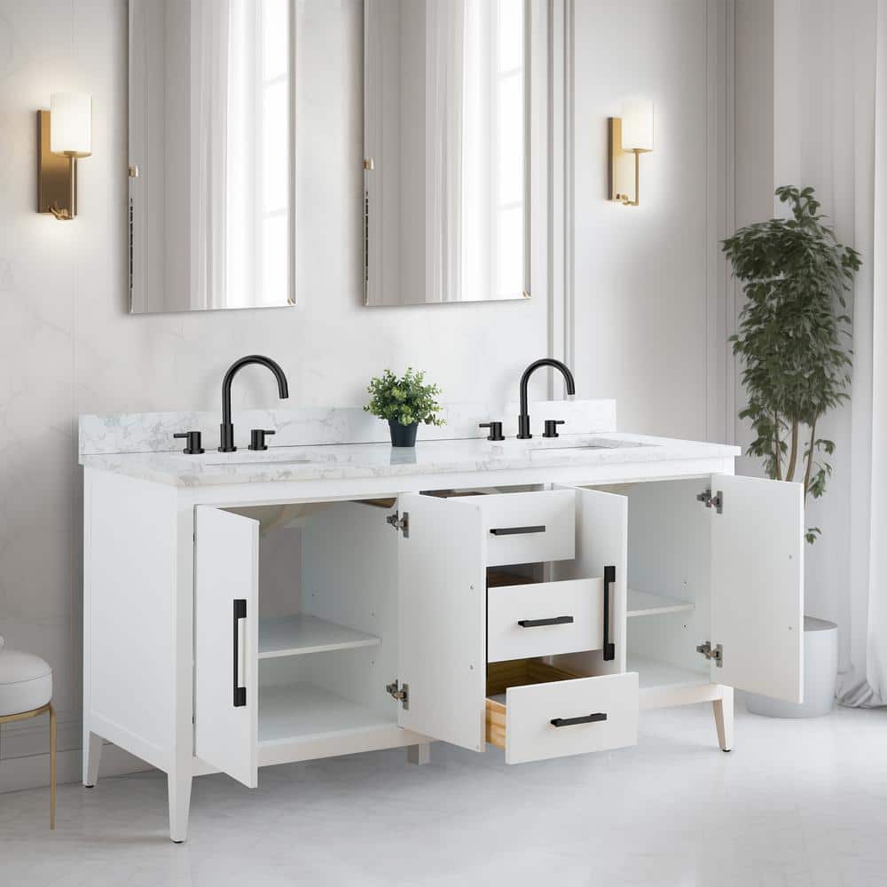 Vanity Art 72 in. W x 22 in. D x 34 in. H Double Sink Bathroom Vanity Cabinet in White with Engineered Marble Top