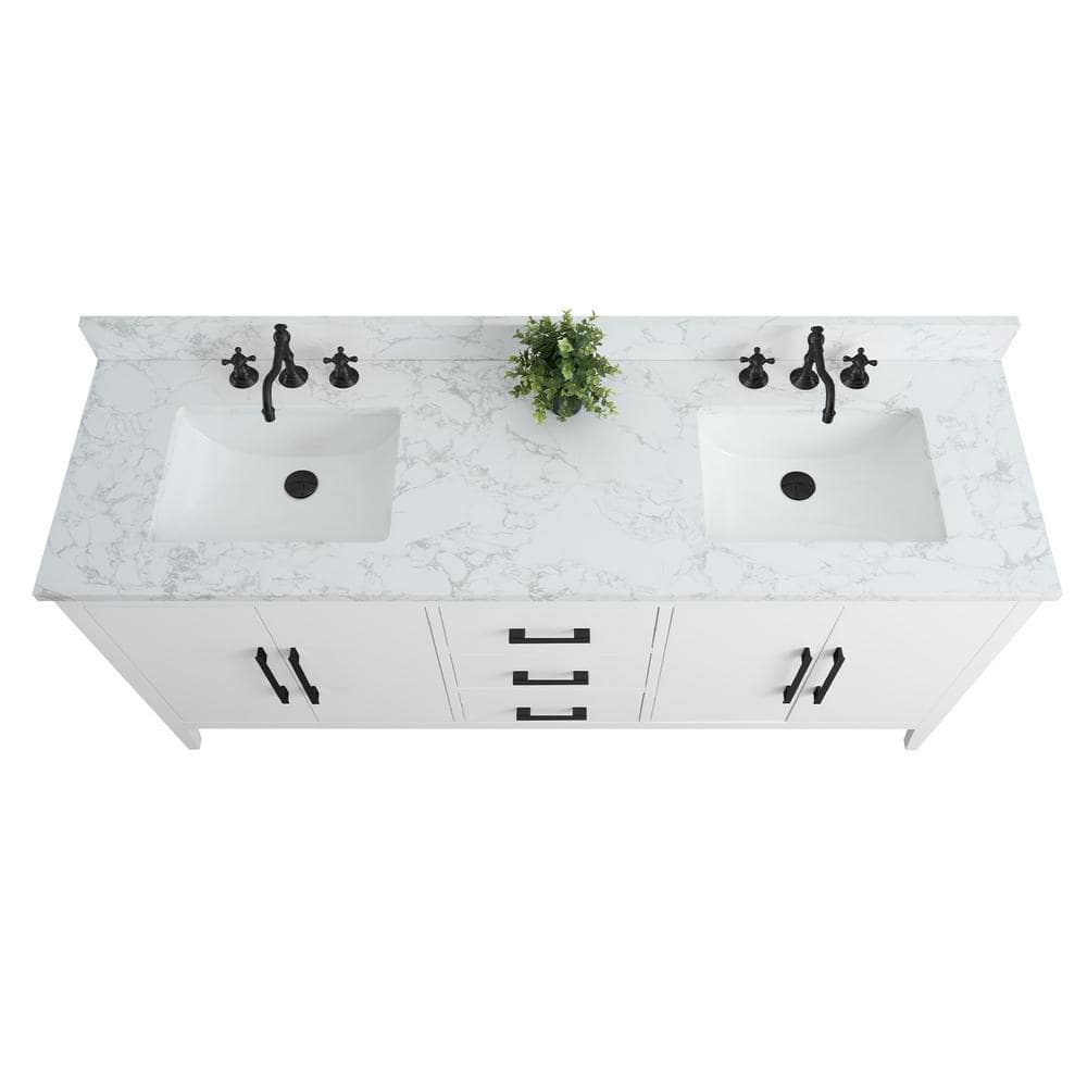 Vanity Art 72 in. W x 22 in. D x 34 in. H Double Sink Bathroom Vanity Cabinet in White with Engineered Marble Top