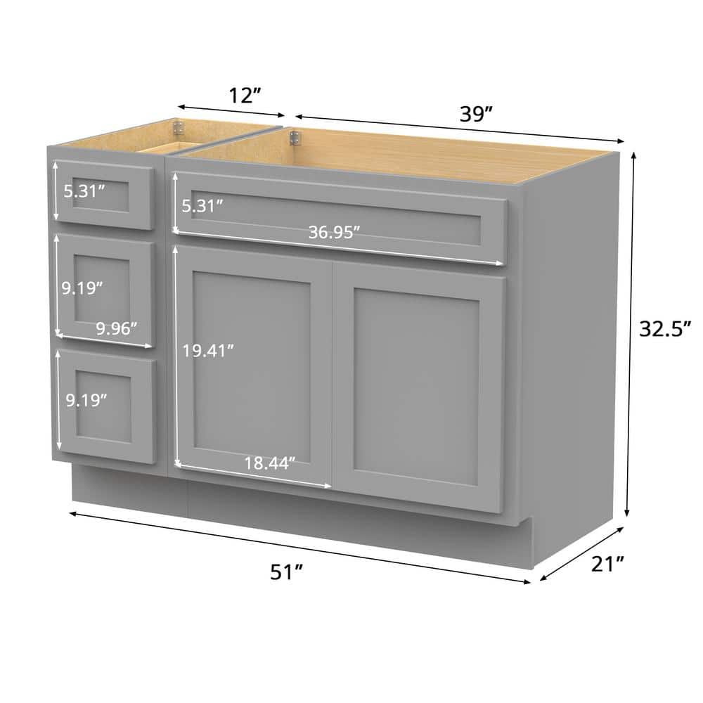 Vanity Art 51 in. W. x 21 in. D x 32.5 in. H Bath Vanity Cabinet without Top in Gray
