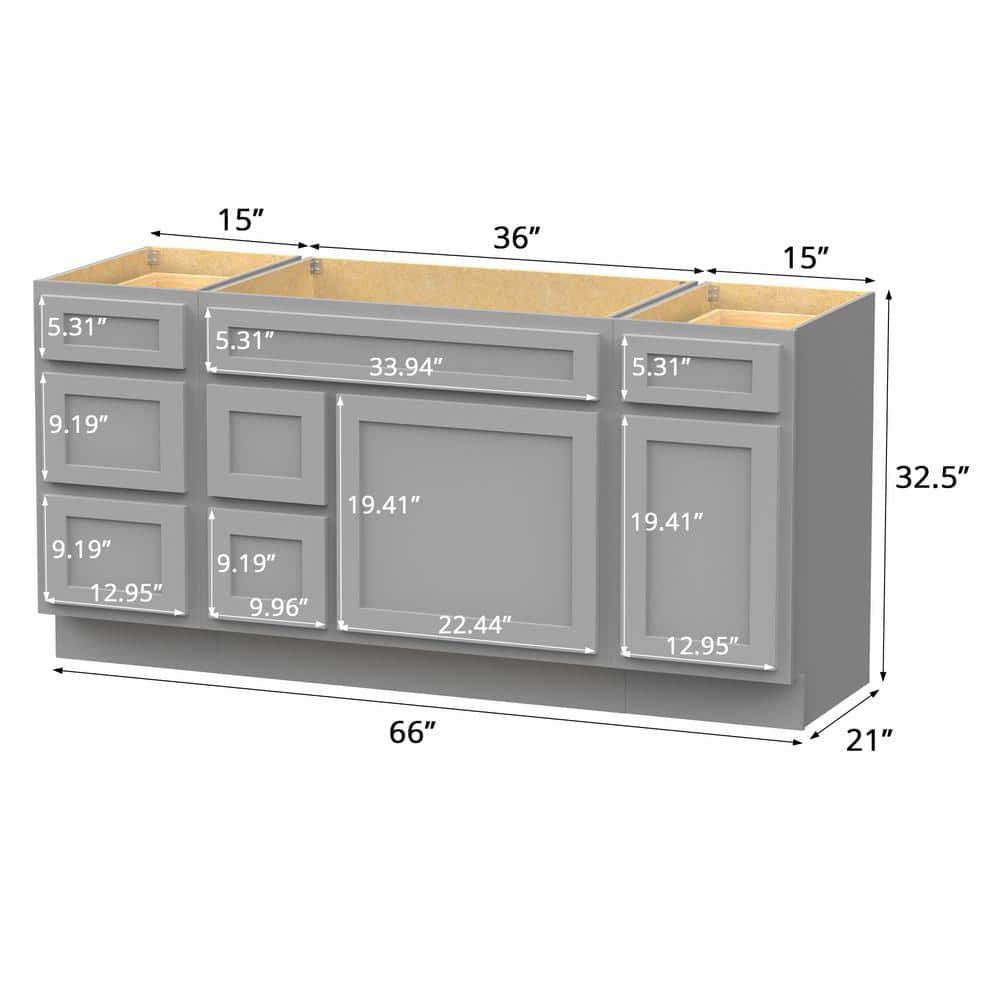 Vanity Art 66 in. W x 21 in. D x 32.5 in. H Bath Vanity Cabinet without Top in Gray