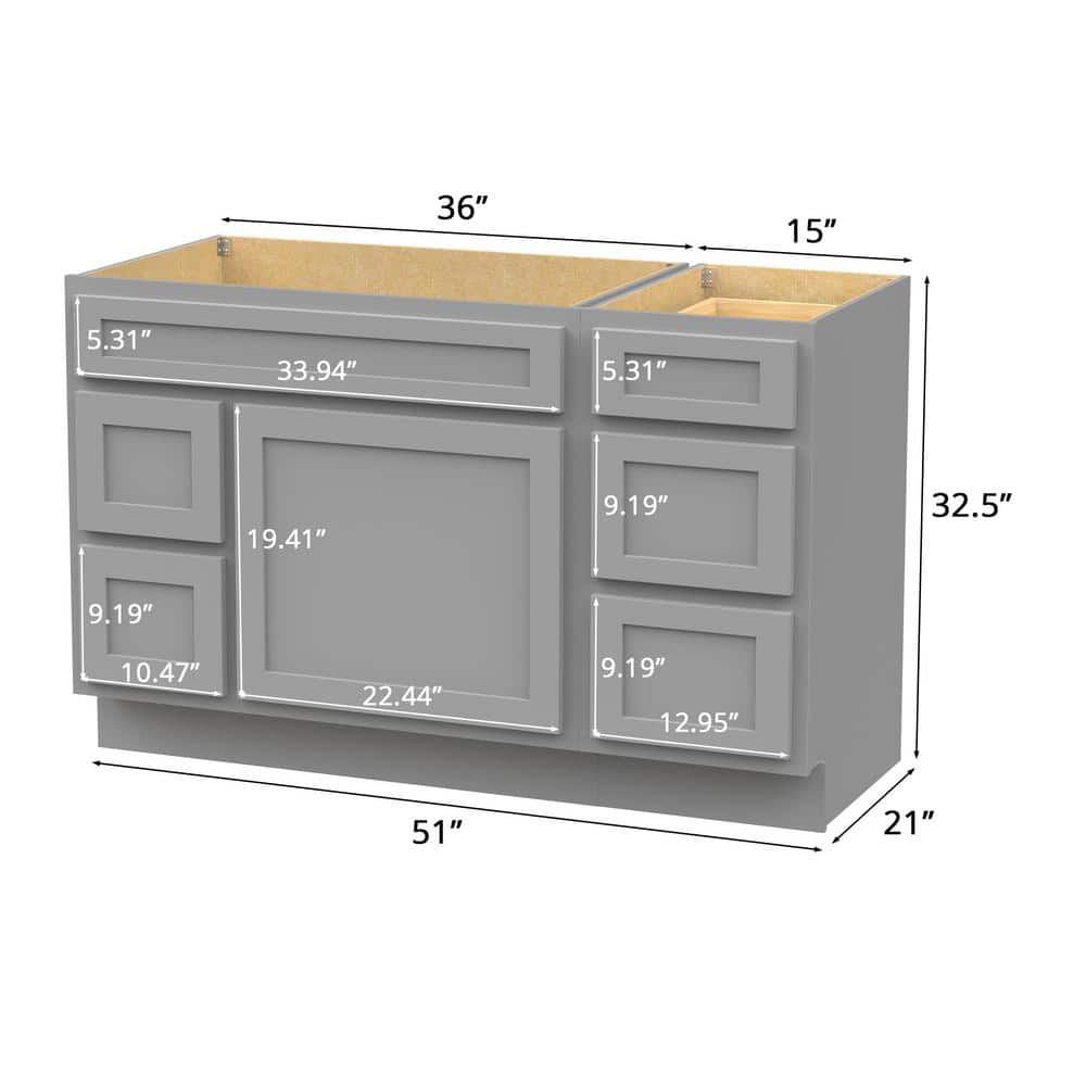 Vanity Art 51 in. W x 21 in. D x 32.5 in. H Bath Vanity Cabinet without Top in Gray