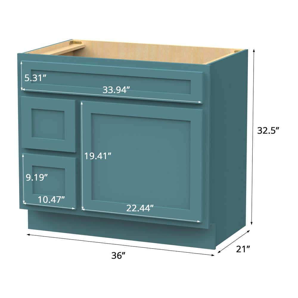 Vanity Art 36 in. W. x 21 in. D x 32.5 in. H 2-Left Drawers Bath Vanity Cabinet without Top in Sea Green
