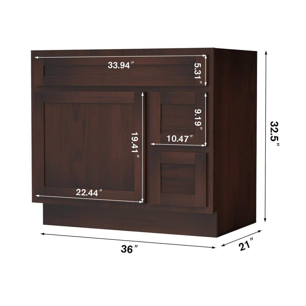 Vanity Art 36 in. W x 21 in. D x 32.5 in. H 2-Right Drawers Bath Vanity Cabinet Only in Brown