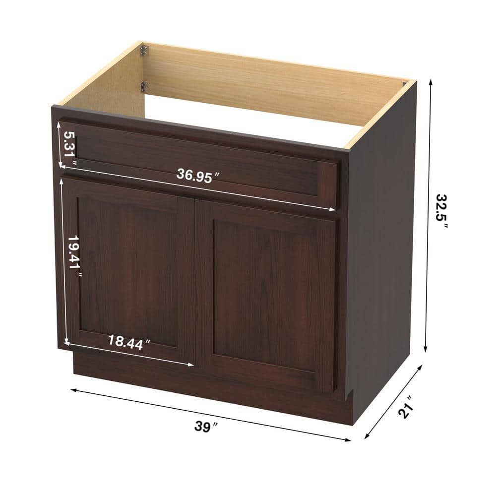 Vanity Art 39 in. W x 21 in. D x 32.5 in. H 2-Doors Bath Vanity Cabinet Only in Brown