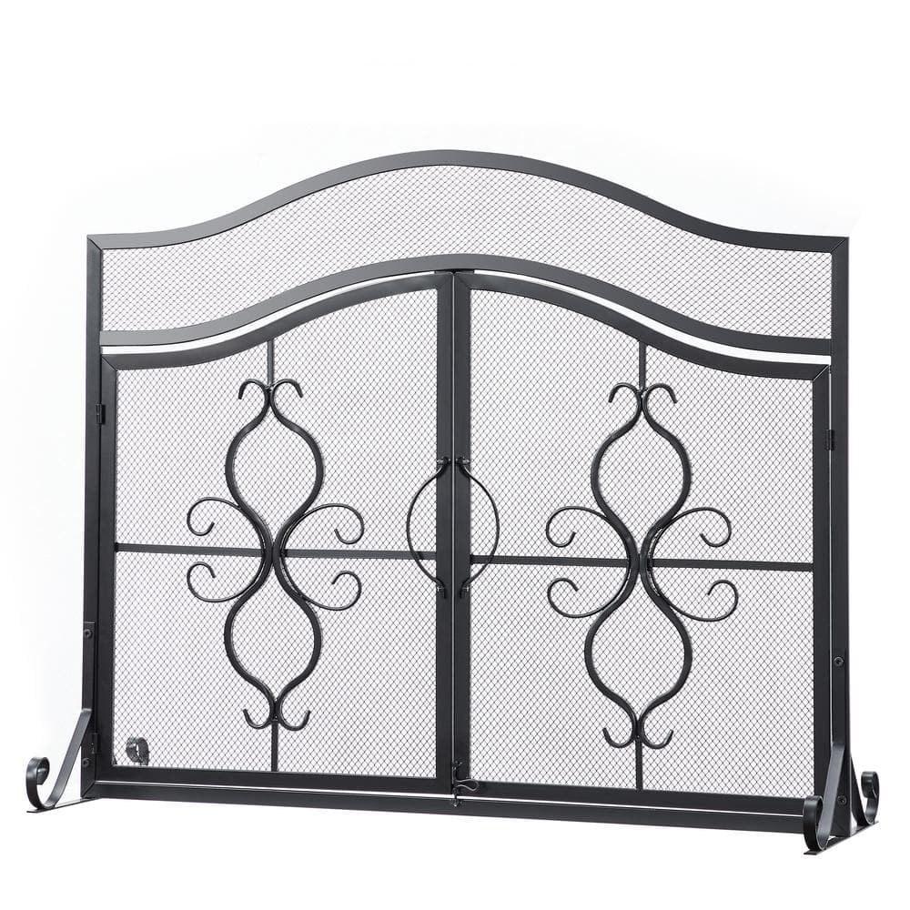 Vanity Art Brescia Black Iron 2-Panel Fireplace Screen with Decorative Filigree