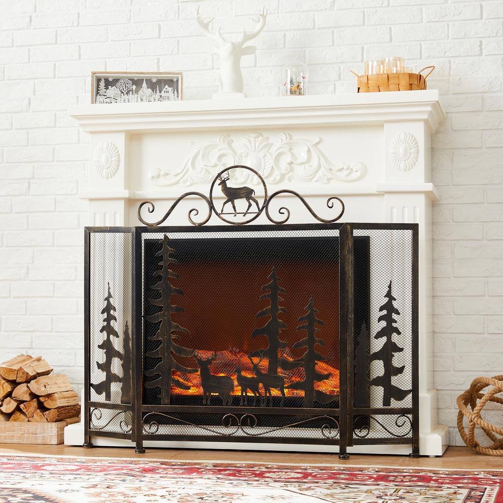 Vanity Art Savona Black Iron 3-Panel Fireplace Screen with Decorative Filigree