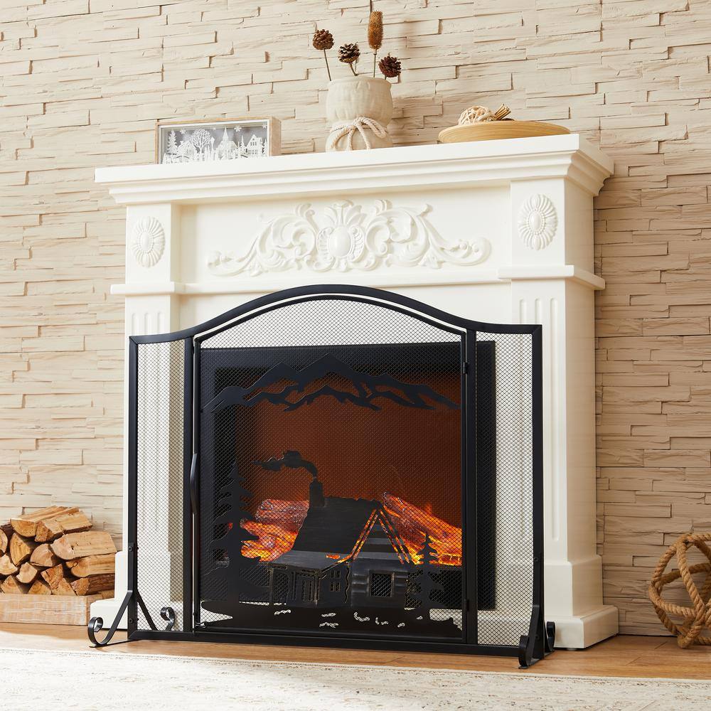 Vanity Art Ravenna Black Iron 1-Panel Fireplace Screen with Decorative Filigree