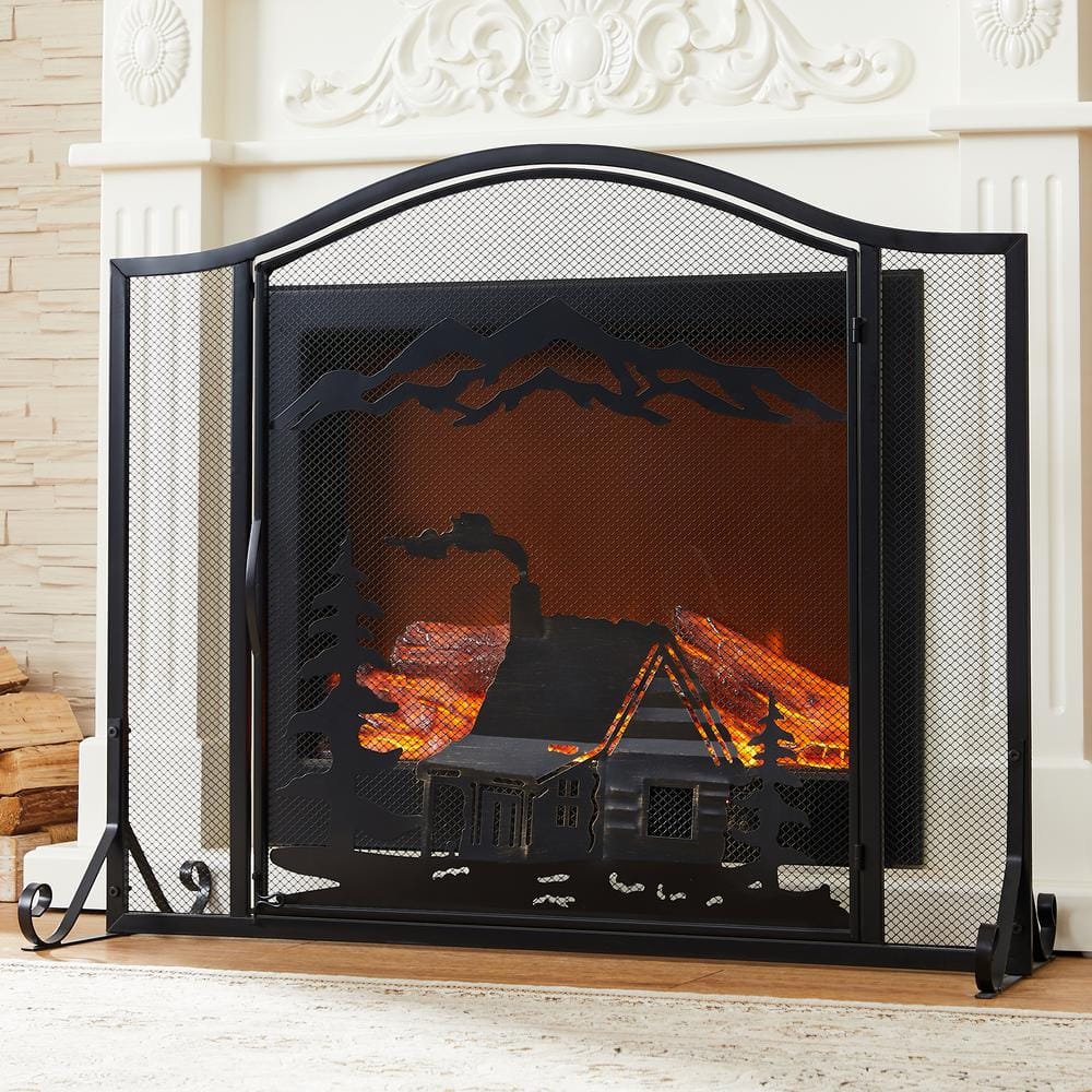Vanity Art Ravenna Black Iron 1-Panel Fireplace Screen with Decorative Filigree