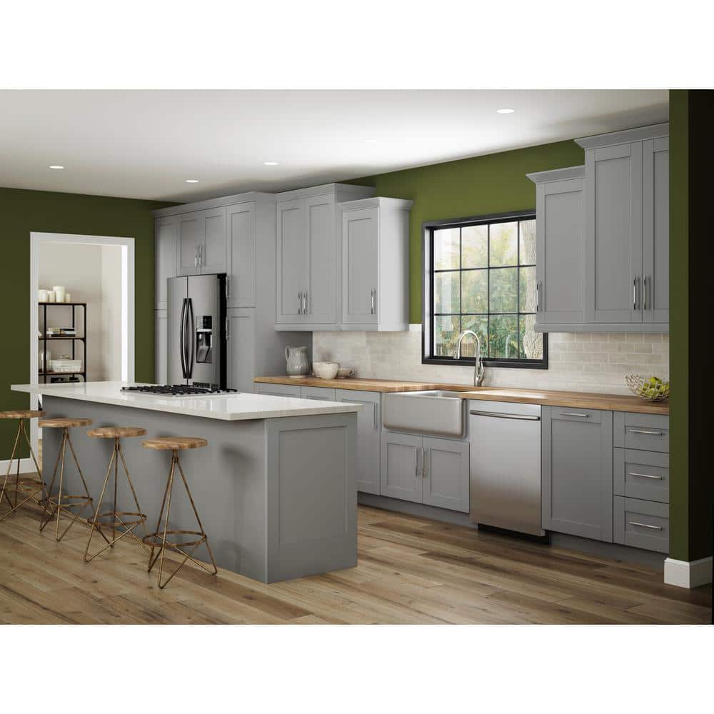Contractor Express Cabinets Arlington Veiled Gray Plywood Shaker Stock Assembled Wall Kitchen Cabinet Soft Close Left 9 in W x 12 in D x 42 in H