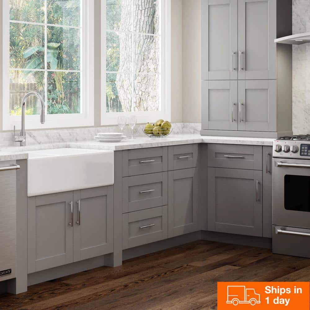 Contractor Express Cabinets Arlington Veiled Gray Plywood Shaker Stock Assembled Wall Kitchen Cabinet Soft Close Left 9 in W x 12 in D x 42 in H