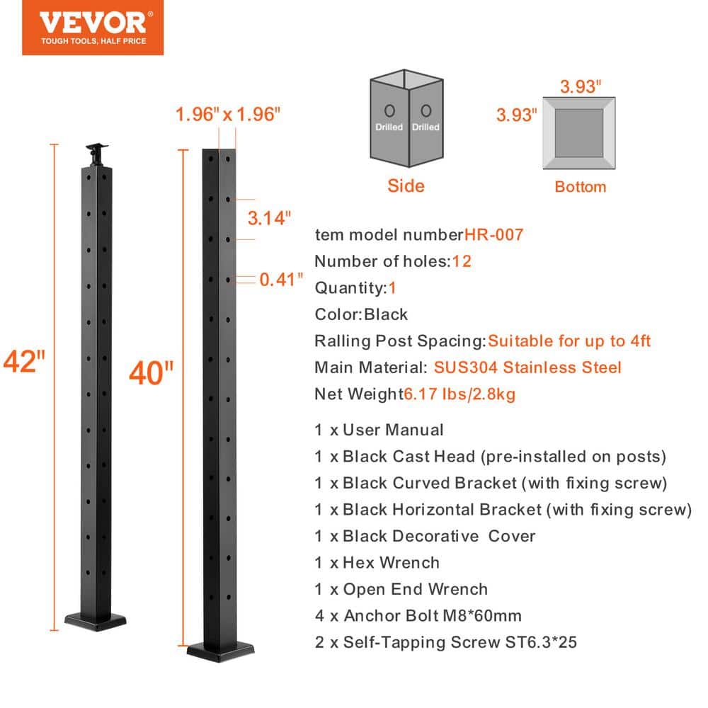 VEVOR Cable Railing Post 42 in. L x 2 in. W x 2 in. H Steel L-Shaped Hole Corner Railing Post SUS304 Stainless Steel Rail Post