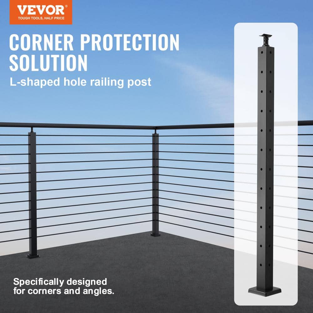 VEVOR Cable Railing Post 42 in. L x 2 in. W x 2 in. H Steel L-Shaped Hole Corner Railing Post SUS304 Stainless Steel Rail Post