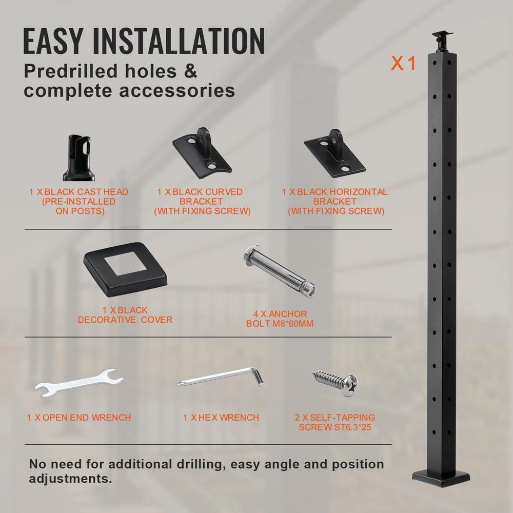 VEVOR Cable Railing Post 42 in. L x 2 in. W x 2 in. H Steel L-Shaped Hole Corner Railing Post SUS304 Stainless Steel Rail Post