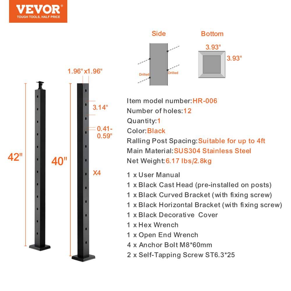 VEVOR Cable Railing Post 42 in. L x 2 in. W x 2 in. H 30° Angled Hole Stair Railing Post Black Cable Rail Post (1-Pack )