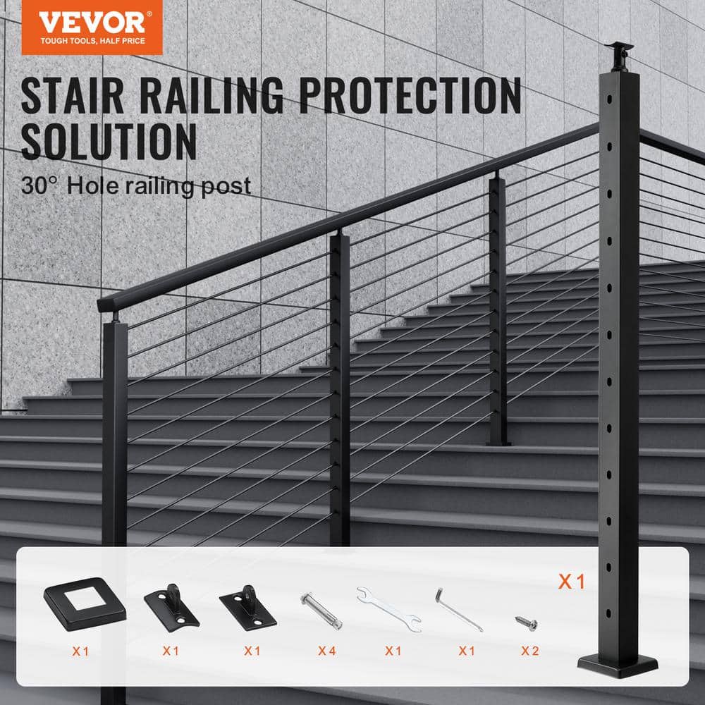 VEVOR Cable Railing Post 42 in. L x 2 in. W x 2 in. H 30° Angled Hole Stair Railing Post Black Cable Rail Post (1-Pack )