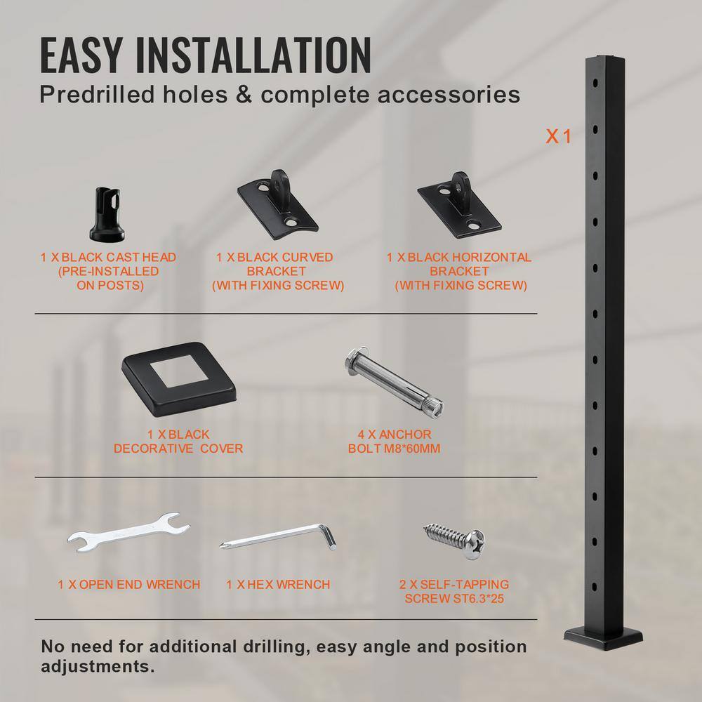 VEVOR Cable Railing Post 42 in. L x 2 in. W x 2 in. H 30° Angled Hole Stair Railing Post Black Cable Rail Post (1-Pack )