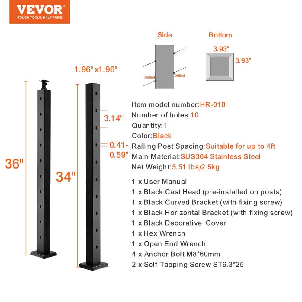 VEVOR Cable Railing Post 36 in. L x 2 in. W x 2 in. H Steel 30° Hole Stair Railing Post SUS304 Stainless Steel Rail Post