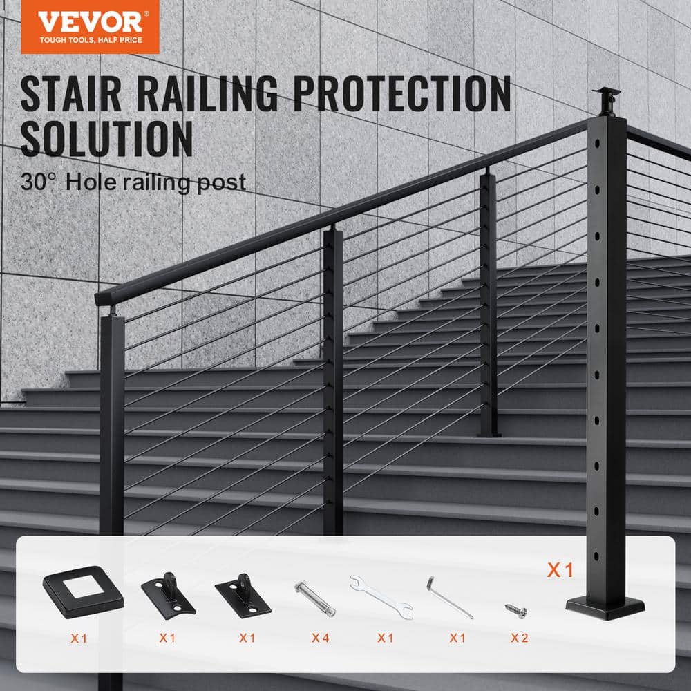 VEVOR Cable Railing Post 36 in. L x 2 in. W x 2 in. H Steel 30° Hole Stair Railing Post SUS304 Stainless Steel Rail Post