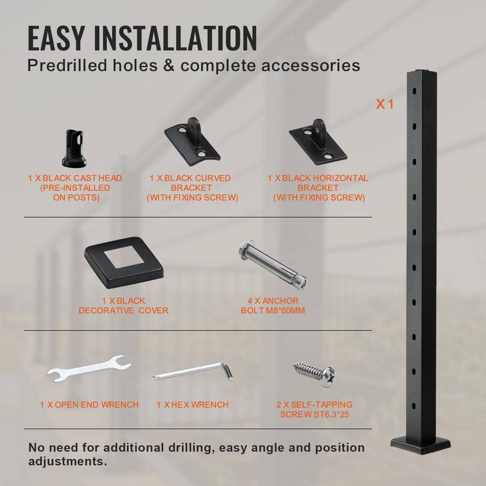VEVOR Cable Railing Post 36 in. L x 2 in. W x 2 in. H Steel 30° Hole Stair Railing Post SUS304 Stainless Steel Rail Post