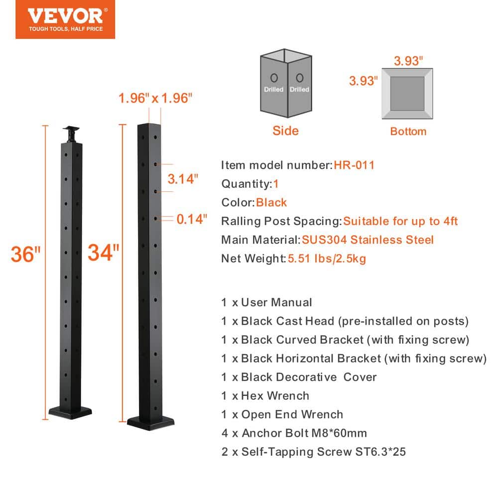 VEVOR Cable Railing Post 36 in. L x 2 in. W x 2 in. H Steel L-Shaped Hole Corner Railing Post SUS304 Stainless Steel Rail Post
