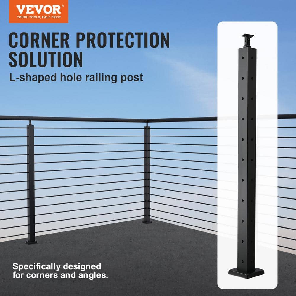 VEVOR Cable Railing Post 36 in. L x 2 in. W x 2 in. H Steel L-Shaped Hole Corner Railing Post SUS304 Stainless Steel Rail Post