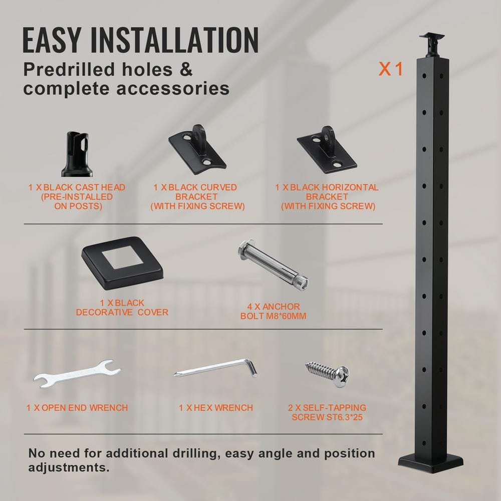 VEVOR Cable Railing Post 36 in. L x 2 in. W x 2 in. H Steel L-Shaped Hole Corner Railing Post SUS304 Stainless Steel Rail Post