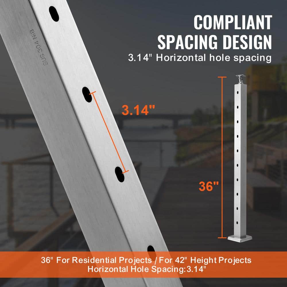 VEVOR Cable Railing Post 36 in. L x 2 in. W x 2 in. H Steel 30° Hole Stair Post SUS304 Stainless Steel Cable Rail Post Silver