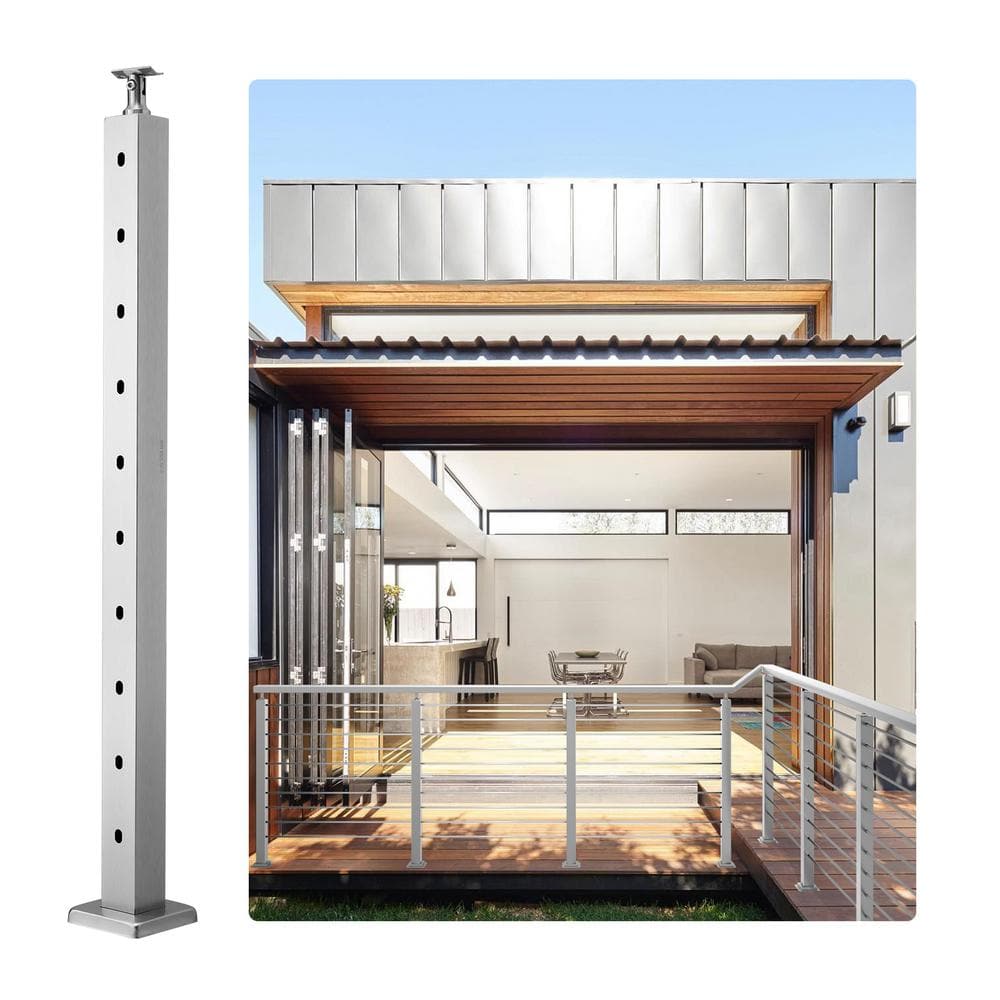 VEVOR Cable Railing Post 36 in. L x 2 in. W x 2 in. H Steel 30° Hole Stair Post SUS304 Stainless Steel Cable Rail Post Silver